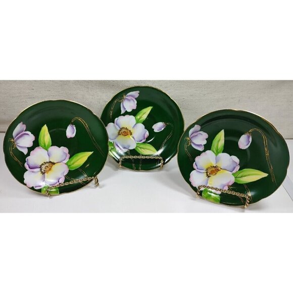 Silver China Occupied Japan Green Hand Painted Flowers Gold Trim Saucer Set Of 3 - Picture 2 of 10